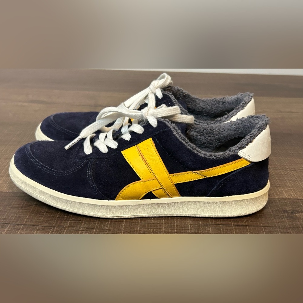 Tory Burch Hank Court Sneakers Women's Blue Suede and Yellow Gold Size 7